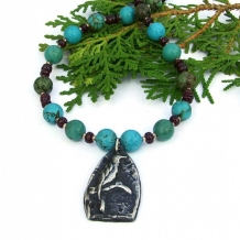 UCCELLO - Bird Pendant Necklace, Turquoise Garnet Pewter Handmade Beaded Jewelry