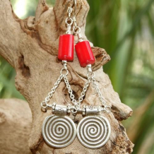 SPIRALING RED - Thai Spirals Red Coral Handmade Earrings