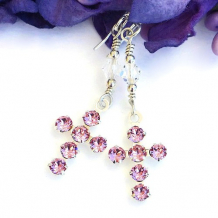 SPARKLING LOVE - Pink Swarovski Crystal Cross Earrings, Handmade Christian Jewelry 