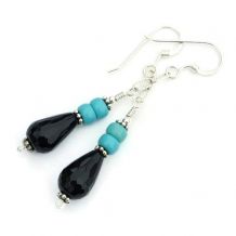 BLACK BEAUTIES - Black Onyx and Turquoise Handmade Earrings, Dangle Jewelry