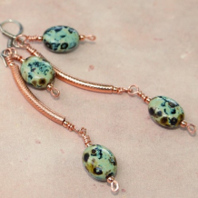 SWINGERS - Long Earrings, Copper Tubes Czech Picasso Glass Handmade Jewelry