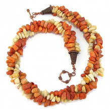 SUN KISSED - Multistrand Twisted Necklace, Apple Coral Yellow Jade Handmade Beach Jewelry