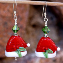JOLLY SANTA HATS - Christmas Santa Hats Lampwork Earrings, Swarovski Handmade 