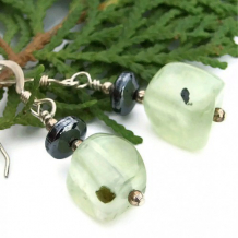 FOREST MEDLEY - Handmade Earrings, Green Prehnite Hematite Gemstone Beaded Jewelry 
