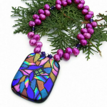 STAINED GLASS CATHEDRAL - Stained Glass Dichroic Pendant Necklace, Handmade Pearls Jewelry 