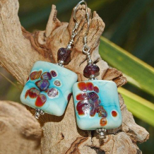 WILD ROSES OF THE SEA - Lampwork Glass Turquoise Red Garnet Sterling Handmade Earrings
