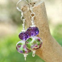 GRAPE HYACINTH - Purple and Green Handmade Lampwork Earrings, Spring Beaded Jewelry