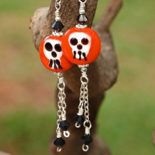BONES - Halloween Lampwork Skull Earrings, Handmade Orange Jewelry