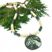 SAOIRSE - Celtic Horse Pendant Necklace, Bone Emeralds Handmade Beaded