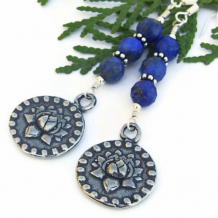 ENLIGHTENMENT - Pewter Lotus Om Earrings Handmade Blue Lapis Unique Yoga Jewelry 