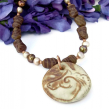 CAPALL CROGA - Celtic Horse Handmade Pendant Necklace, Zebra Jasper Pearl Jewelry