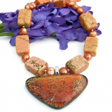 A FASCINATION WITH FALL - Autumn Leaf Dichroic Pendant Handmade Necklace, Magnesite Pearls Unique