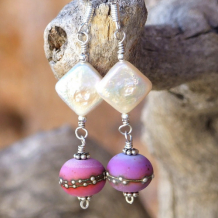 A TASTE OF SPRING - Purple Lampwork Diamond Pearls Earrings, Handmade Lavender Jewelry 