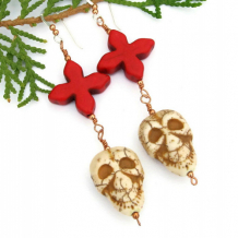 SCARY! - Skulls Crosses Handmade Earrings, Day of the Dead Ivory Red Magnesite