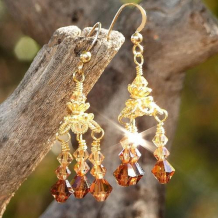 GOLDEN GLAMOUR - Gold Filled Filigree Caps Swarovski Earrings, Handmade