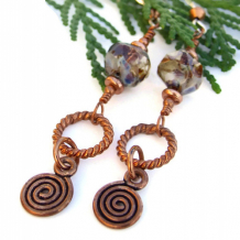 SPIRALING ALONG - Copper Spiral Dangle Earrings, Handmade Czech Glass Unique Jewelry  