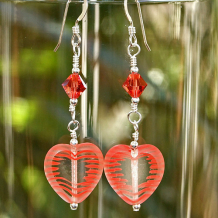 I HEART YOU - Valentines Glass Hearts Earrings, Handmade Padparadscha Unique Jewelry