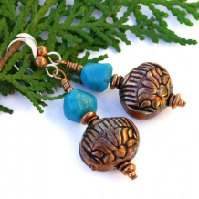 KASHMIR SKY - Copper Turquoise Nugget Handmade Earrings, Unique Jewelry