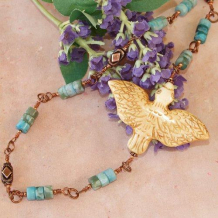FLY HIGH IN THE SKY - Carved Bone Bird Turquoise Jasper Copper Wire Handmade Necklace