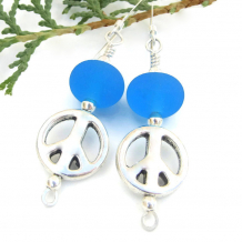 "All We Are Saying" - Pewter Peace Sign and Aqua Blue Lampwork Earrings, Handmade  Beaded Jewelry