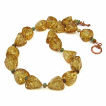 AMBER SUNSHINE - Golden Amber Necklace, Turquoise Gemstones Copper Handmade Jewelry