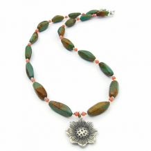 FIRST FLOWER OF THE MOJAVE - American Vintage Turquoise Handmade Necklace Thai Coral Jewelry