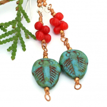 "Ancient Daze" - Turquoise Czech Glass Trilobite Artisan Earrings, Red Coral Handmade Beaded Jewelry "Ancient Daze" - Turquoise Czech Glass Trilobite Artisan Earrings, Red Coral Handmade Beaded Jewelry
