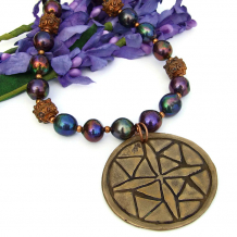"Ancient Daze" - Artisan Bronze Mandala Pendant Necklace, Peacock Pearls, Copper Handmade Jewelry