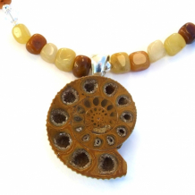 "Ancient Spirals" - Fossil Ammonite Druzy Pendant Necklace, Yellow Jade Swarovski Gemstone Handmade Jewelry