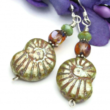 ANCIENT SPIRALS - Sage Green Nautilus Spiral Handmade Earrings, Czech Glass Unique Artisan Jewelry