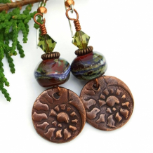 "Ancient Traveler" - Copper Spiral Ammonite and Lampwork Earrings, Earthy Handmade Swarovski Dangle Beaded Jewelry