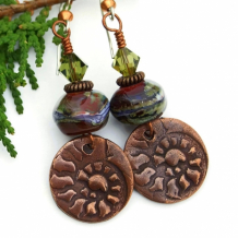 "Ancient Traveler" - Copper Spiral Ammonite and Lampwork Earrings, Earthy Handmade Swarovski Dangle Beaded Jewelry "Ancient Traveler" - Copper Spiral Ammonite and Lampwork Earrings, Earthy Handmade Swarovski Dangle Beaded Jewelry