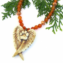 "Angels on Earth" - Dog Angel Handmade Necklace, Paw Print Wings Carnelian Gemstone Pet Jewelry