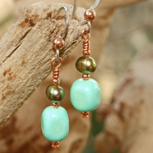 PRIMAVERA SPICE - Aqua Chalk Turquoise Pearls Copper Earrings, Handmade OOAK Jewelry