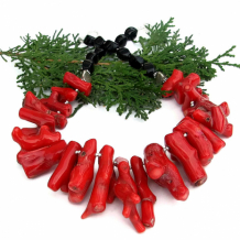 ATLANTEAN TREASURE - Red Coral Black Onyx Bib Necklace, Handmade Chunky Statement Jewelry