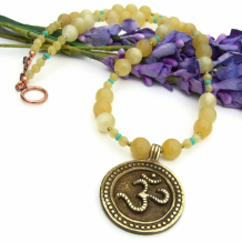 AUM - Om Aum Yoga Necklace, Brass Yellow Aragonite Gemstone Handmade Jewelry