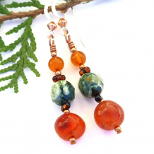 "Autumn Glow" - Carnelian and Rhyolite Gemstone Earrings, Garnet Amber Handmade Dangle Jewelry
