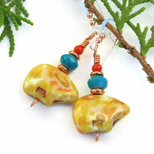 "Aynshe" - Zuni Inspired Southwest Bear Earrings, Czech Glass Turquoise Red Coral Handmade Artisan Jewelry