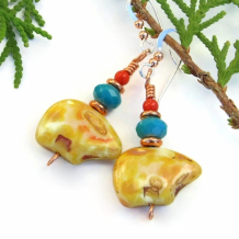 "Aynshe" - Zuni Inspired Southwest Bear Earrings, Czech Glass Turquoise Red Coral Handmade Artisan Jewelry "Aynshe" - Zuni Inspired Southwest Bear Earrings, Czech Glass Turquoise Red Coral Handmade Artisan Jewelry