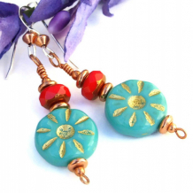 TURQUOISE BLOOMS - turquoise Flower Handmade Earrings, Czech Glass Red Southwest Jewelry