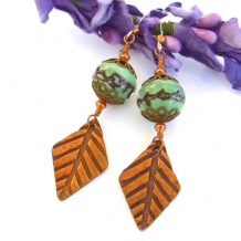 AUTUMN ARIA - Copper Leaves Green Lampwork Earrings, Artisan Handmade Autumn Jewelry