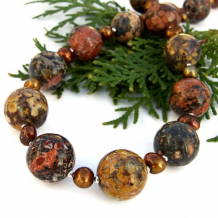 EARTH DANCER - Chunky Gemstone Necklace, Leopardskin Jasper Pearls Jewelry