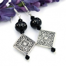 CELTIC MIDNIGHT - Pewter Celtic Design Lampwork Earrings, Handmade Black Jewelry
