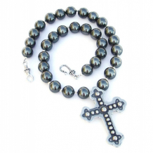 LA CREENCIA - Mexican Style Pewter Cross Handmade Necklace, Pearls Sterling Jewelry