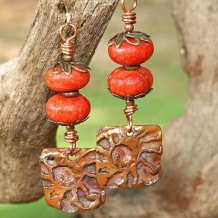 PRIMAL OCEAN - Copper Ammonite Sponge Coral Gemstone Earrings, Handmade