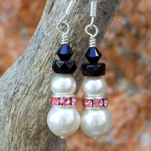 SPARKLING SNOWMEN IN PINK - Handmade Snowman Earrings, Christmas Swarovski Pink Black White Jewelry