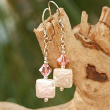 PINK AND PEARLS - Square Freshwater Pearls and Swarovski Crystal Handmade Earrings