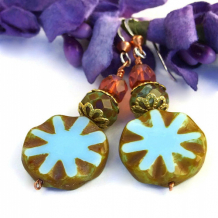 BLUE STAR BURST - Rustic Blue Star Earrings, Handmade Czech Glass Peach Copper Beaded