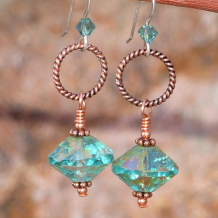 KA'ANAPALI - Aqua Czech Glass Handmade Earrings, Copper Sparkly Jewelry Unique