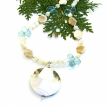 BEACH BEAUTY - Beach Shell Necklace, Mother of Pearl Jewelry Tiger Cowrie Blue Quartz
